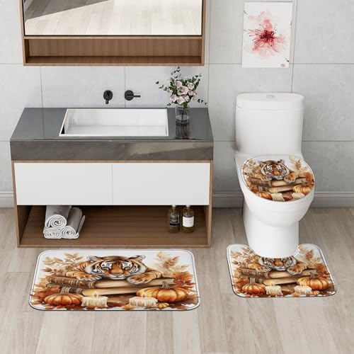 4PCS Fall Tigers Pumpkins Shower Curtain Set with Non-Slip Rug and Toilet Lid Cover Mat
