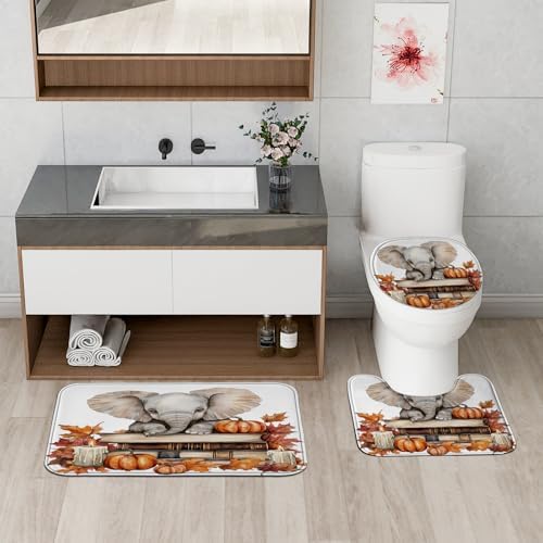 DESIHOM 4PCS Fall Elephants Pumpkins Shower Curtain Set with Non-Slip Rug and Toilet Lid Cover Mat