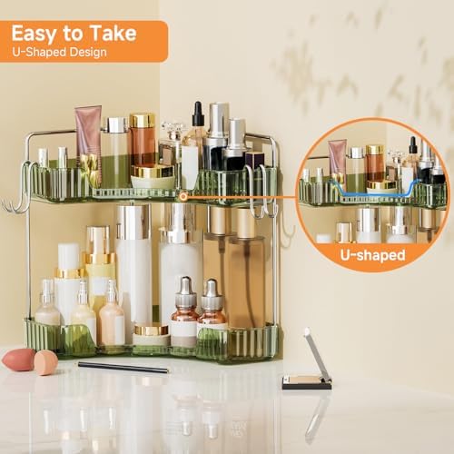 2 Tier Corner Bathroom Organizer with Hooks and Trays Green