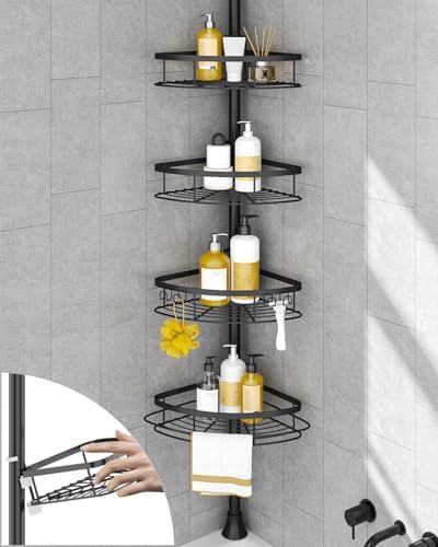 SEIRIONE Corner Shower Caddy Tension Pole 4-Tier Adjustable Rustproof Black