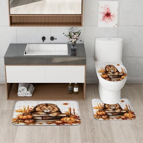 4PCS Fall Lion Pumpkins Shower Curtain Set 72x72 with Hooks and Bath Mat