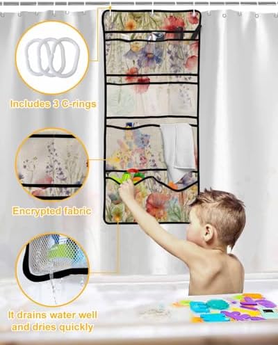 Vintage Floral Leaf Shower Curtain and Mesh Organizer Set