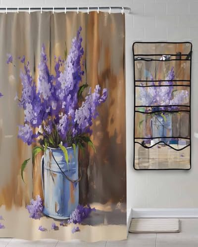 ZFUNCING Purple Lavender Waterproof Shower Curtain Set with Organizer