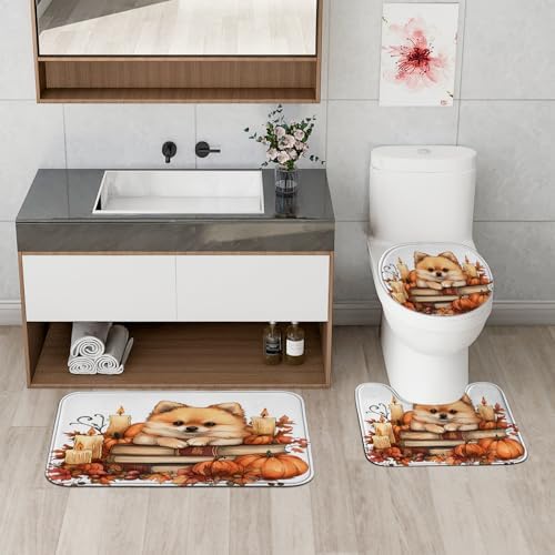 DESIHOM 4PCS Fall Shower Curtain Set with Hooks Non-Slip Rug and Toilet Lid Cover Mat