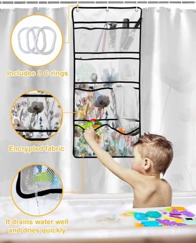 Watercolor Botanical Flower Shower Curtain with 10 Pocket Organizer and Hooks