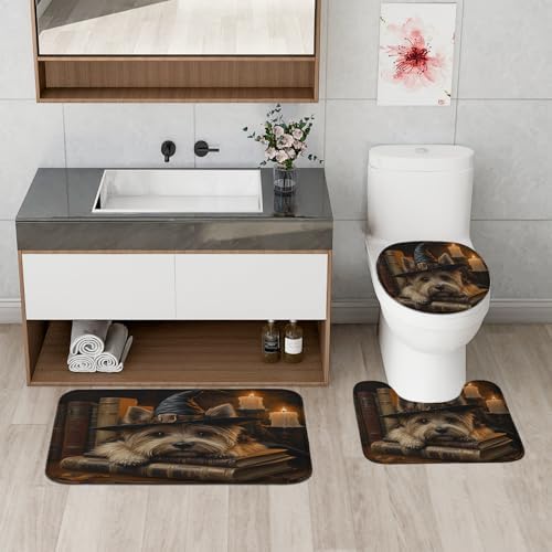 4PCS Halloween Witch Dog Bathroom Set with Non-Slip Rug and U Shape Toilet Cover 1