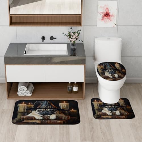 4PCS Halloween Witch Pug Dog Bathroom Set