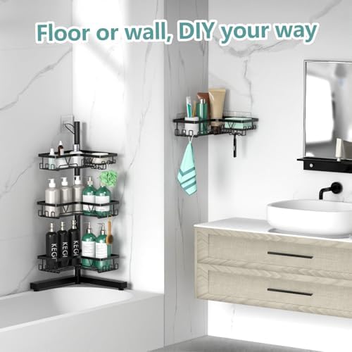 KEGII 4-Tier Floor and Wall Mount Shower Caddy with Hooks and Soap Holder Rustproof Corner Organizer Black
