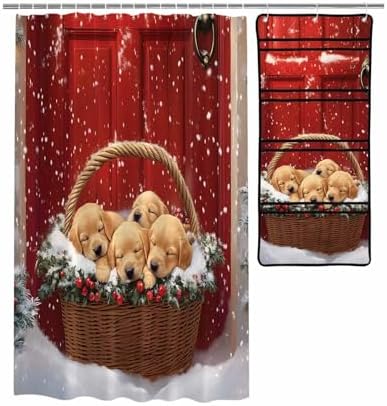 Red Winter Snow Shower Curtain with 10 Pockets