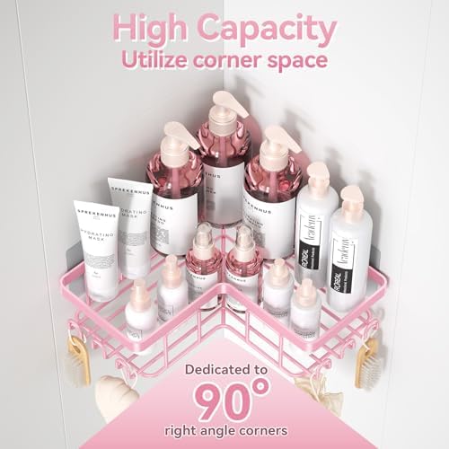 Yasonic Corner Adhesive Shower Caddy 12 Hooks Pink 3-Pack