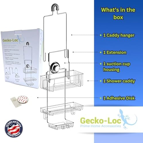 Gecko Loc Extra Long Adjustable Shower Organizer with Deep Shelf - Silver
