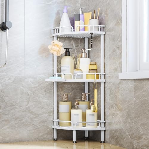 Consumest Corner Shower Caddy Stand - 3 Tier Organizer with Soap Holder and 4 Hooks