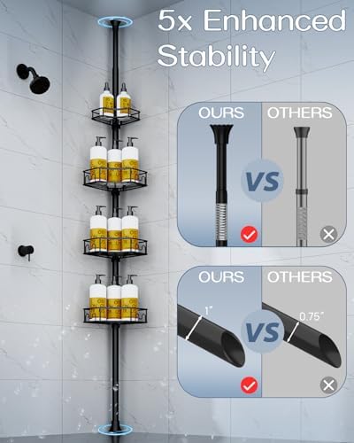 SEIRIONE Corner Shower Caddy Tension Pole 4-Tier Rust-Free Organizer Black