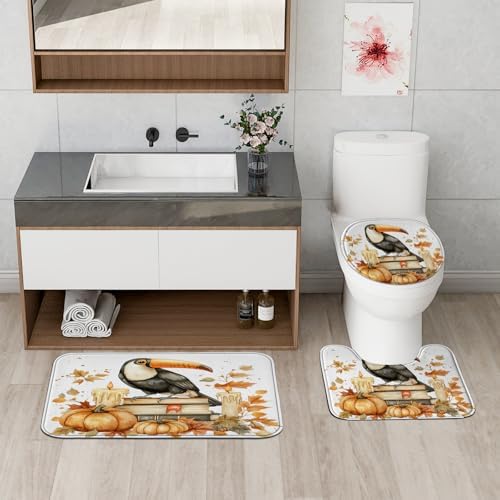 DESIHOM 4PCS Fall Toucan Bird Shower Curtain Set with Non-Slip Rug and Hooks