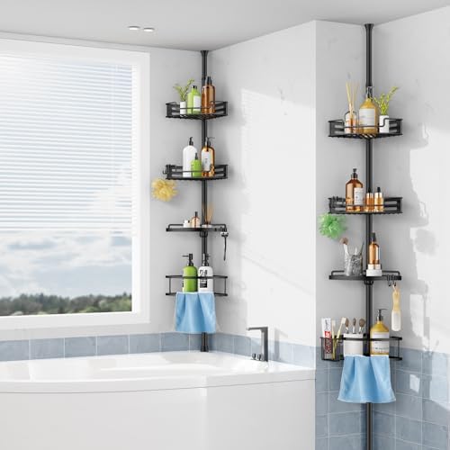 HAMITOR Corner Shower Caddy Tension Pole 4-Tier Black