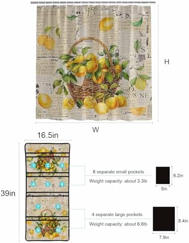 Yellow Lemon Green Leaf Shower Curtain Organizer Set with Hooks