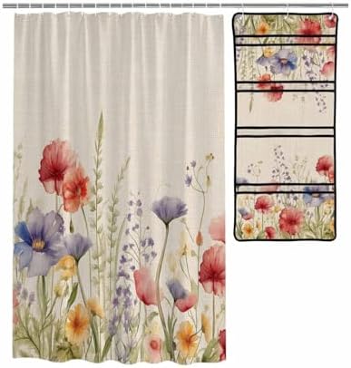 Vintage Floral Leaf Shower Curtain and Mesh Organizer Set