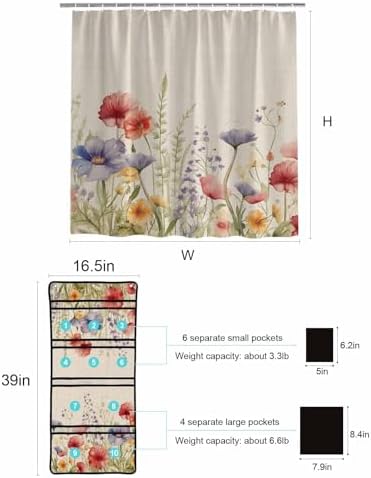 Vintage Floral Leaf Shower Curtain and Mesh Organizer Set