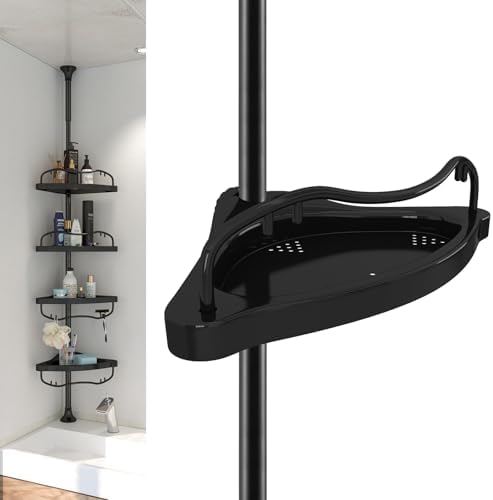Adjustable Corner Shower Caddy with 4 Layers and Rustproof Metal Tension Pole Black