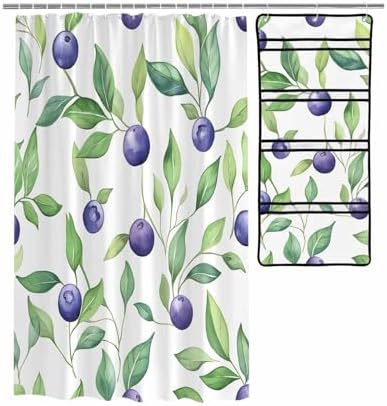 Watercolor Blueberry Leaf Shower Curtain Organizer Set