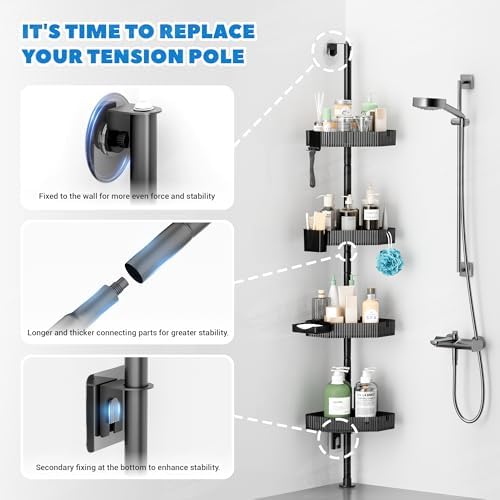 UNEEDE 60in Corner Shower Caddy Pole with 4 Adjustable Tiers
