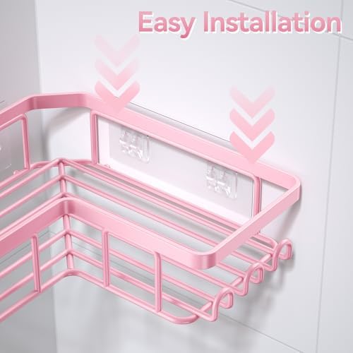 Yasonic Corner Adhesive Shower Caddy 12 Hooks Pink 3-Pack