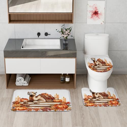 4PCS Fall Camels Pumpkins Shower Curtain Set with Non-Slip Rug and Hooks