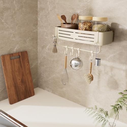Onemake Aluminum Shower Caddy with 6 Hooks and Towel Bar