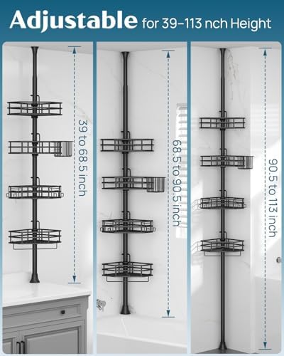SEIRIONE Corner Shower Caddy Tension Pole with 4-Tier Adjustable Shelf Drill Free Rust-Proof Black