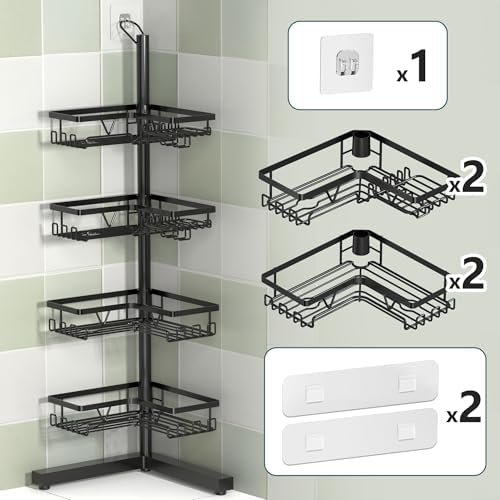 KEGII 4-Tier Floor and Wall Mount Shower Caddy with Hooks and Soap Holder Rustproof Corner Organizer Black