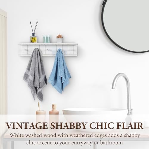 MyGift Wall Mounted 5 Hook Vintage White Wood Bathroom Shelf Towel Rack