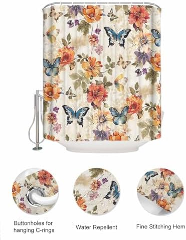 Colorful Floral Leaf Shower Curtain Set with 10 Pockets