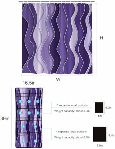 ZFUNCING Abstract Purple Gradient Ocean Waves Shower Curtain Set with Hooks and Organizer