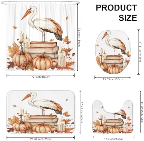 DESIHOM 4PCS Fall Storks Bird Shower Curtain Set with Hooks Non-Slip Rug U Shape Toilet Lid Cover Mat