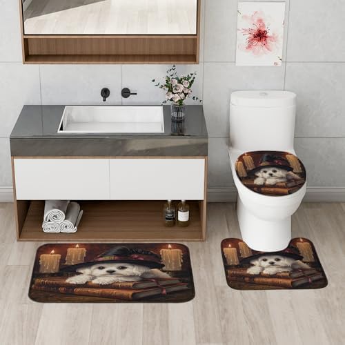 4PCS Halloween Witch Maltese Dog Bath Set with Non-Slip Rug