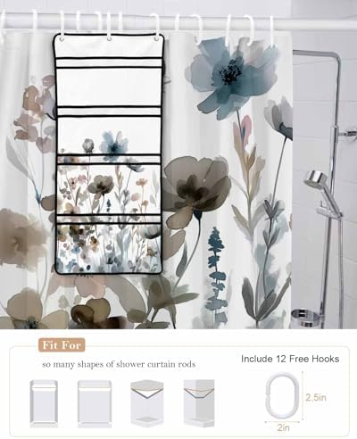 Watercolor Botanical Flower Shower Curtain with 10 Pocket Organizer and Hooks