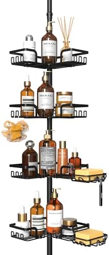 ZUNTO Shower Caddy Corner Tension Pole Organizer Adjustable 25in-114in 4 Tier Storage with 2 Soap Holders Black