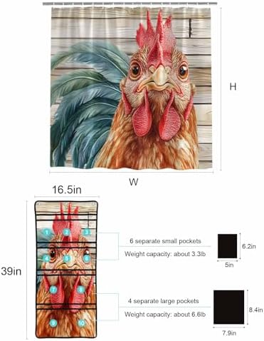 Farmhouse Rooster Shower Curtain Set with 10 Pockets