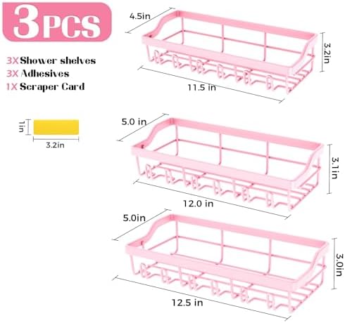 3 Pack Pink Shower Caddy Organizer Set No Drilling