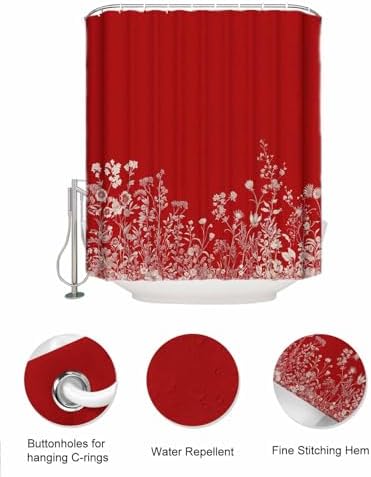 Red Leaf Flower Pattern Shower Curtain with 10 Pockets and Hooks