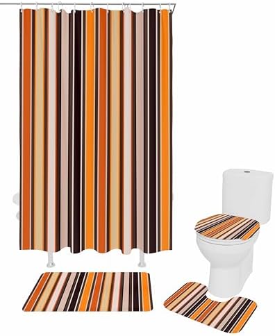 Vintage Striped 4 Piece Shower Curtain Set with Non-Slip Rugs