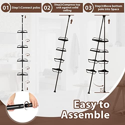 Corner Shower Caddy Tension Pole - 4 Shelves Heavy Duty Floor to Ceiling Organizer Black