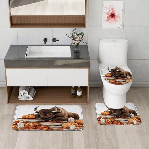 DESIHOM 4PCS Fall Bisons Pumpkins Shower Curtain Set with Hooks and Non-Slip Rug
