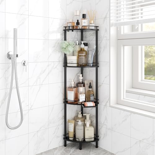 ELYKEN 4 Tier Corner Shower Caddy with Hooks and Soap Holder Black