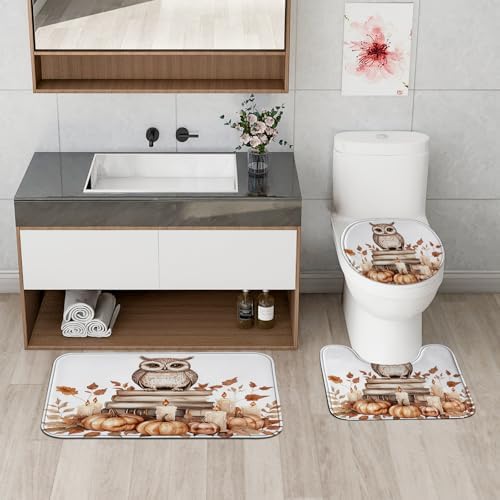 DESIHOM 4PCS Fall Owl Bird Shower Curtain Set with Hooks and Bath Mat