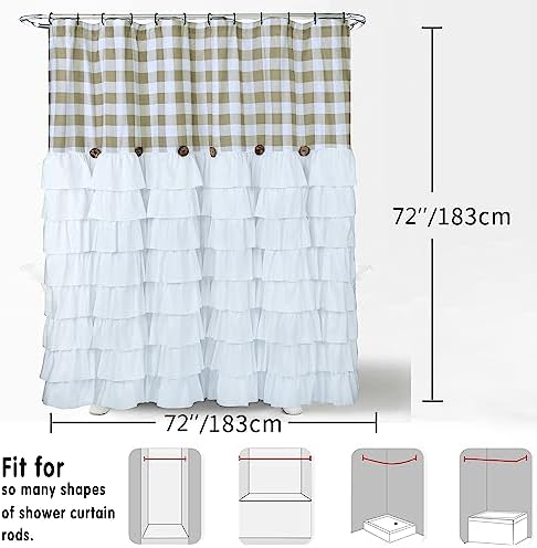 72 x 72in Farmhouse Ruffled Shower Curtain with Vintage Buttons