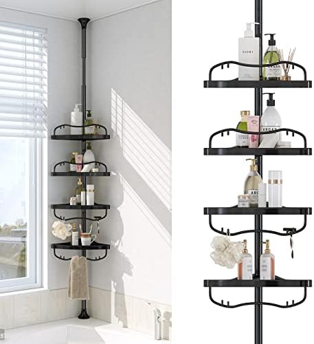 Corner Shower Caddy Tension Pole - 4 Shelves Heavy Duty Floor to Ceiling Organizer Black