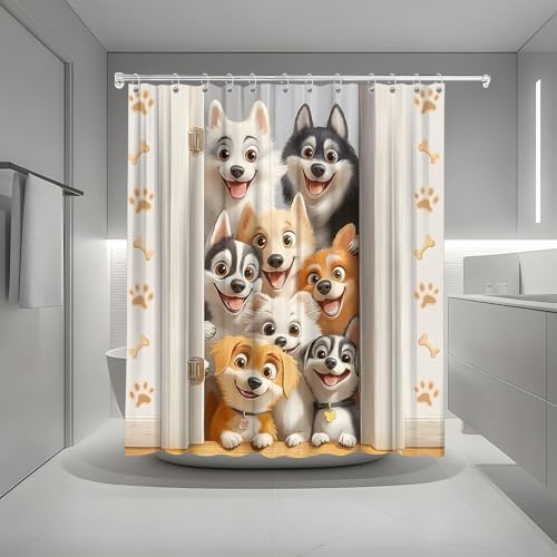 Funny Dogs Shower Curtain Cute Cartoon Animal Paws Print Bone Watercolor Farmhouse Decor