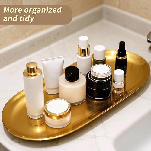 Wozoohyi Gold Decorative Tray 2 Pack Stainless Steel Vanity Tray for Bathroom Jewelry Storage