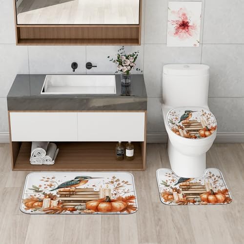 DESIHOM 4PCS Fall Kingfishers Bird Shower Curtain Set with Hooks and Bath Mat